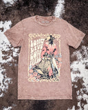 Brown t-shirt with graphic design of a woman and text 'Long Live Cowgirls' on a textured background.