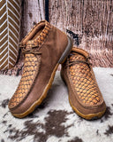 Pair of brown leather shoes with textured pattern on a textured surface