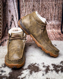 Pair of brown leather shoes with fur lining on a textured surface