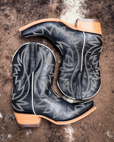 Pair of black cowboy boots with white embroidery on a textured brown surface