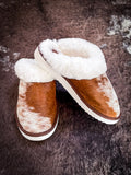 Myra Bag - Alamosa Hair-on Hide Lined Slippers in Brown & White - Bronco Western Supply Co.