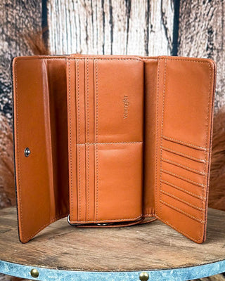 Delaney Tooled Wristlet Wallet in Brown by Wrangler