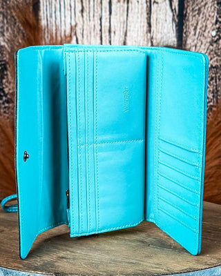 Delaney Tooled Wristlet Wallet in Turquoise by Wrangler