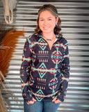 Cabin Fever Pullover being modeled and styled on a person in front of metal background.