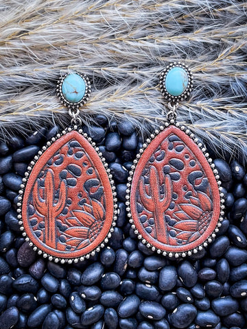 Luke Tooled Leather Earrings -  Western Jewelry - Teardrop Earring - Bronco Western Supply Co.