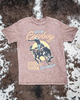 Cowboy Rodeo Show Boyfriend Tee in Mocha Mineral Wash