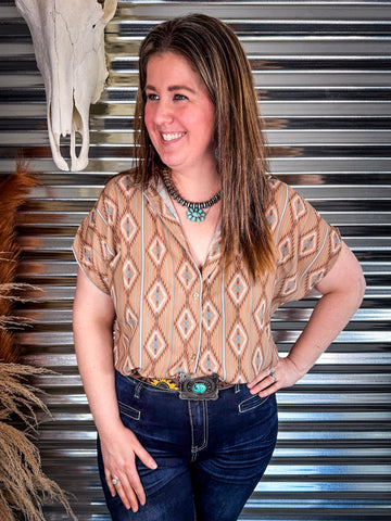 Josie Khaki Aztec Dolman Short Sleeve Button Down Top - Western Top - Bronco Western Supply Co.