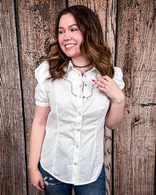 Celeste Puff Sleeve Studded Pearl Snap Shirt in Ivory by Lucky and Blessed