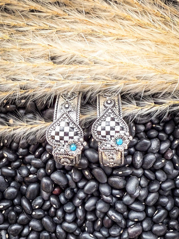 Harlow - Checkered - Spade - Semi Hoop - Silver - Earring - Western - Bronco Western Supply Co.