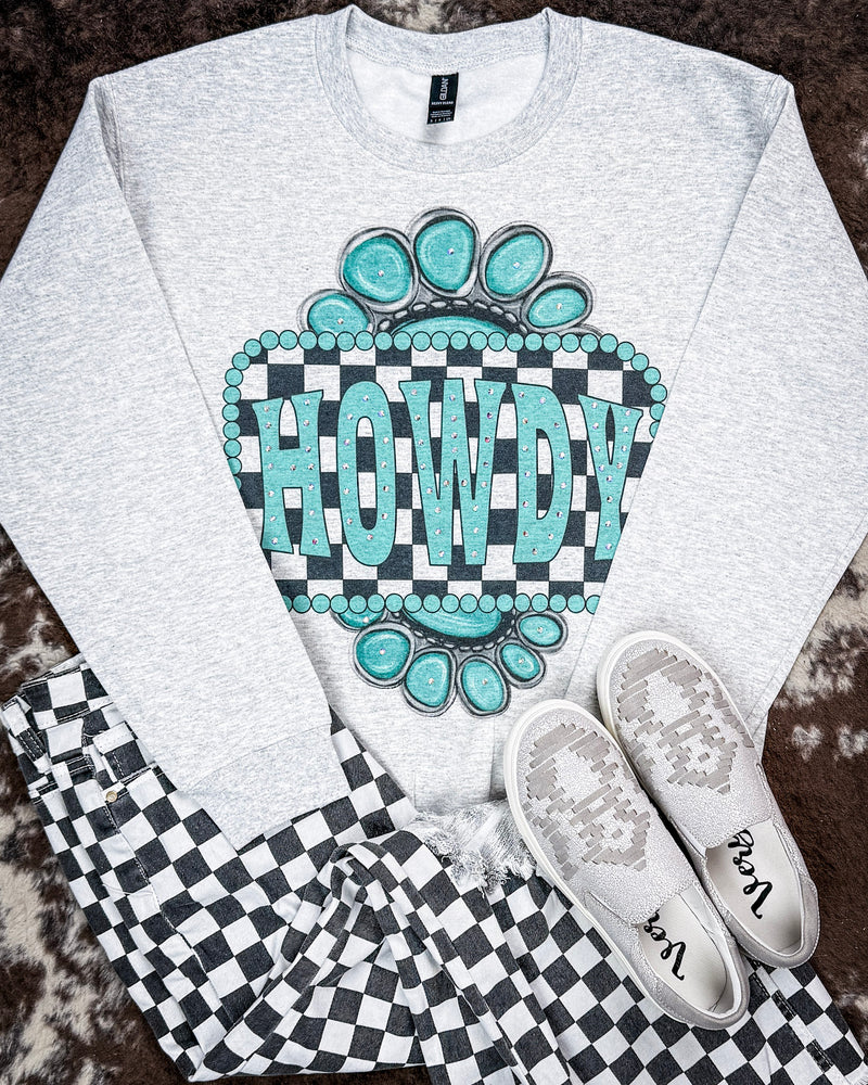 Turquoise Check Rhinestone Howdy Sweatshirt in Gray