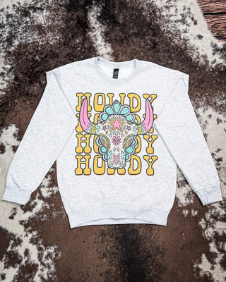 Sierra Bloom Rhinestone Howdy Sweatshirt in Gray