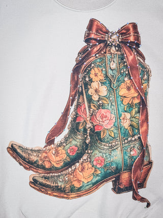 Heirloom Bloom Rhinestone Boot Sweatshirt in Tan