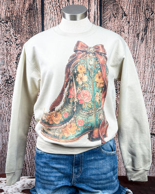 Heirloom Bloom Rhinestone Boot Sweatshirt in Tan