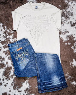 Saddle Trace Rhinestone Boot Stitch Tee in Tan