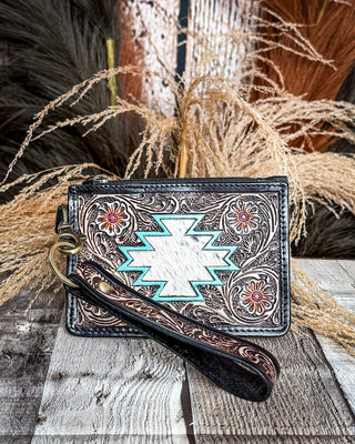 Navajo Sky Hand Tooled Hairon Leather Card Holder in Antique Brown By Myra Bag