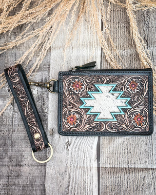 Navajo Sky Hand Tooled Hairon Leather Card Holder in Antique Brown By Myra Bag