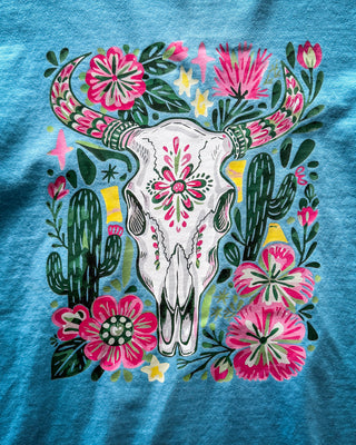 Desert Bloom Cow Skull Tee in Turquoise