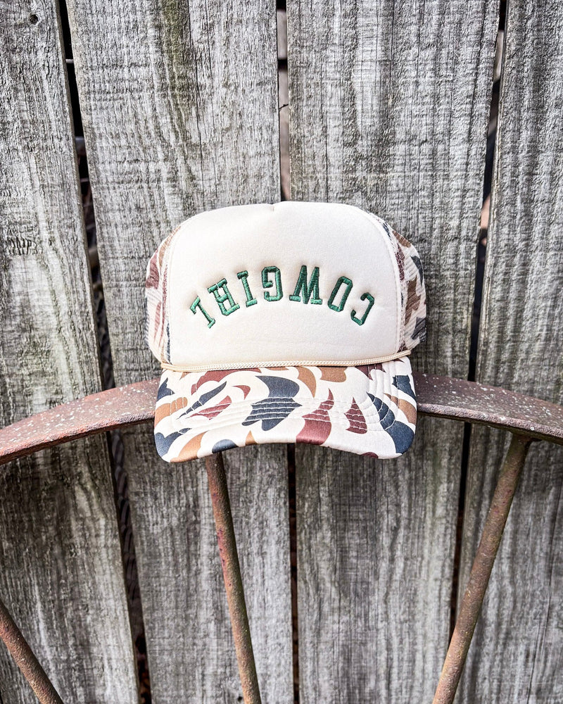 Camo Cowgirl Embroidered Trucker Cap
