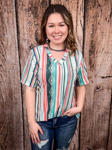 Dalia - Mint - Coral - Serape Print - Short Sleeve - V Neck Top - L&B - Bronco Western Supply Co.