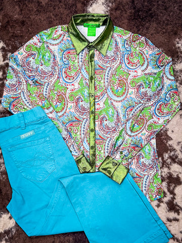 Paisley Penelope Pullover Button Up Paisley With Green Metallic Accents