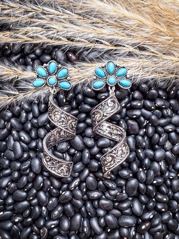The Desert Bloom Spirals – Filigree & Aqua Flower Earrings