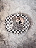 Western buckle featuring cards, dice, and chips on a black and white checkerboard.