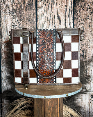 Wynonna Checkered Leather and Hide Tote Bag in Brown by Countryside Co.