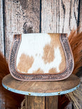 Back view of cowhide leather purse with floral tooled border