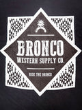 Zoomed view of Bronco Western Supply Co. back graphic with "Ride the Bronco" tagline.