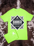 Back design of Bronco Western Supply Co. Havasu tee in neon green with folded front view.