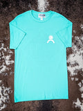 Front view of bright teal Bronco t-shirt with simple chest design