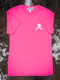 Front view of neon pink Bronco t-shirt with simple white chest graphic