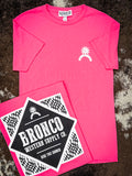 Neon pink Bronco tee with chest logo and folded view showing bold back graphic