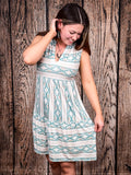 Close-up of front and side of Desert Skies Sleeveless Dress by Lucky & Blessed.