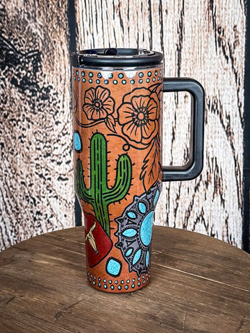 Cactus and turquoise mandala western tumbler with handle

