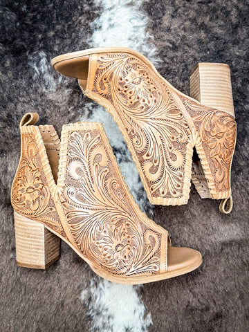 Myra Bag - Persimmonee Heels In Brown - Tooled Leather Peep-Toe Booties