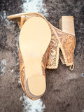 Myra Bag - Persimmonee Heels In Brown - Tooled Leather Peep-Toe Booties