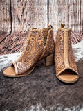 Myra Bag - Persimmonee Heels In Brown - Tooled Leather Peep-Toe Booties