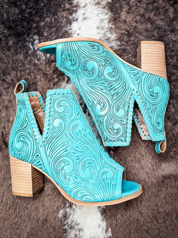 Myra Bag - Persimmonee Heels in Turquoise – Tooled Leather Peep-Toe Booties