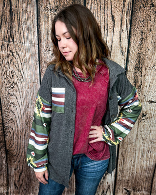 Bristol Aztec Sleeve Button Down Shacket in Charcoal