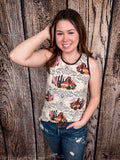 Model wearing tank top standing in front of a wood background.