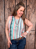 Model in front of a wood background wearing the Sunstripe Serape Tank Top tucked in.