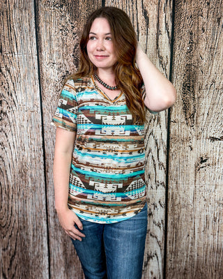 Rustic Turquoise Aztec V-Neck Top by Sterling Kreek