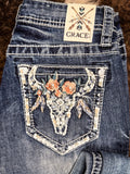 Close up view of embellished back pockets.