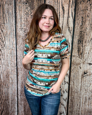 Rustic Turquoise Aztec V-Neck Top by Sterling Kreek