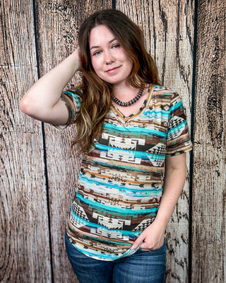 Rustic Turquoise Aztec V-Neck Top by Sterling Kreek