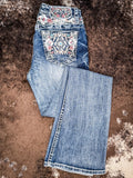 Flat lay view of folded jeans.