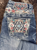 Close up of embellished back pockets on jeans.