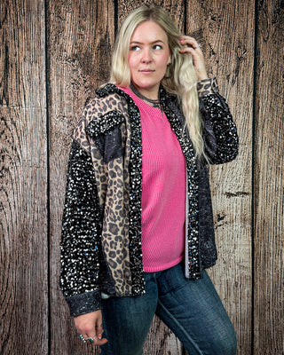 Wild Nights Leopard Sequin Shacket by Sterling Kreek