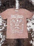 Flat lay of the Free Bird Graphic Tee on cowhide.